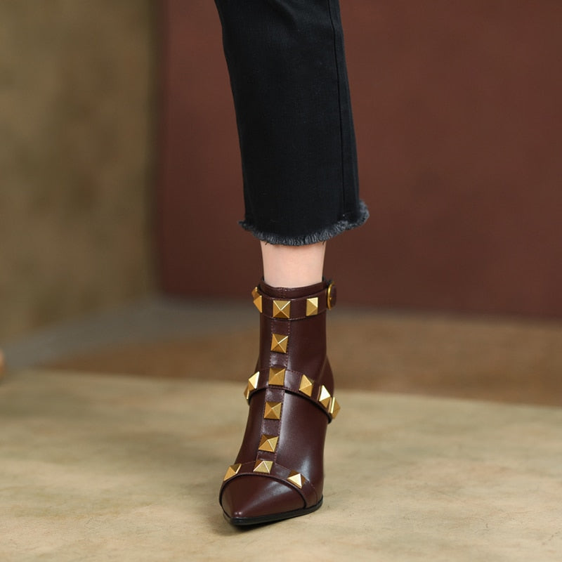 Women Genuine Leather Thick Heel Rivet Short Boots