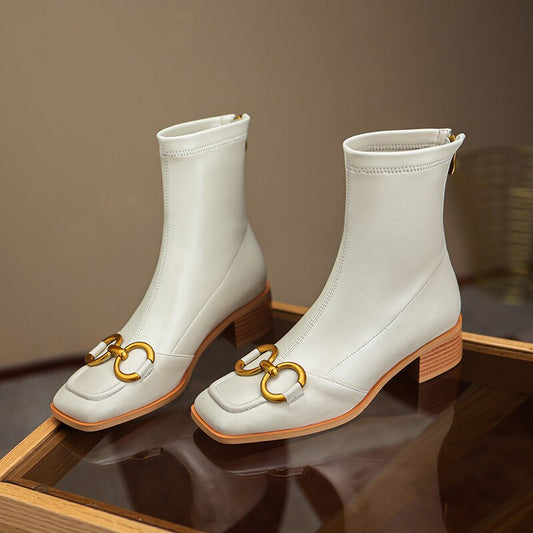 レディース用スクエアトゥ ブラック ローヒール ジップ ブーティ