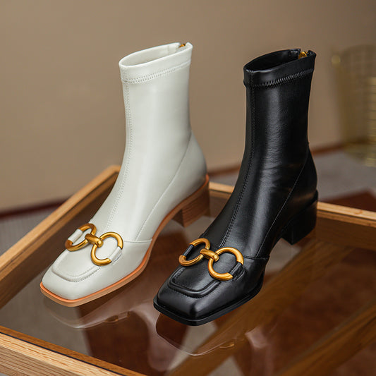 レディース用スクエアトゥ ブラック ローヒール ジップ ブーティ