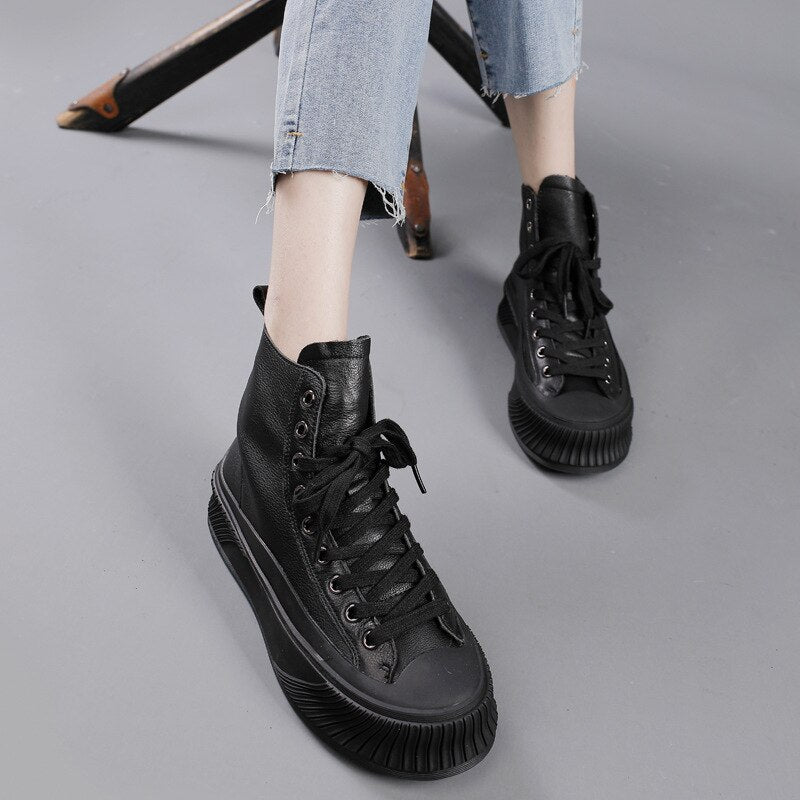 Women Round Toe Lace-Up Concise Flat With Handmade Platform Boots