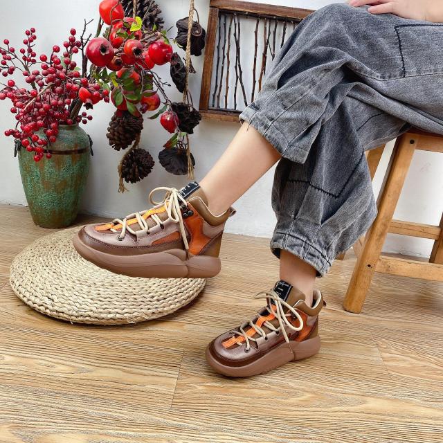 Women Lace-up Mixed Colors Round Toe Boots