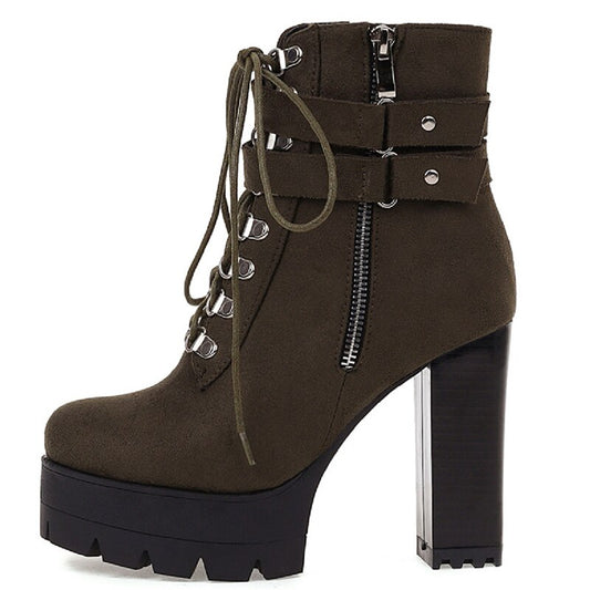 女性用プラットフォームブロックヒールモーターサイクルブーツ