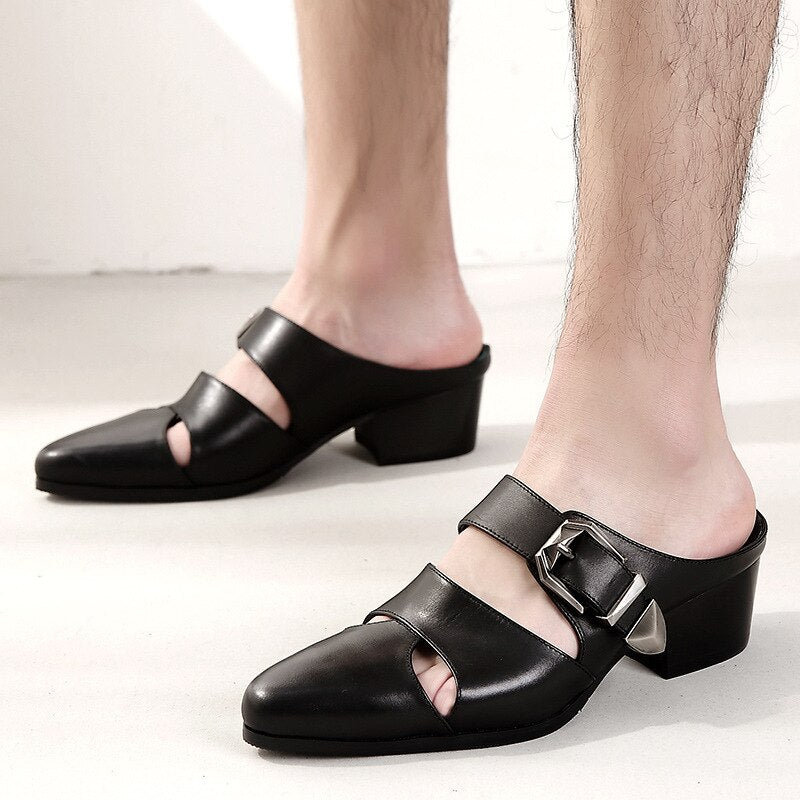 Pointed Toe Buckle Hollow Leather Shoes Male Black Sandals