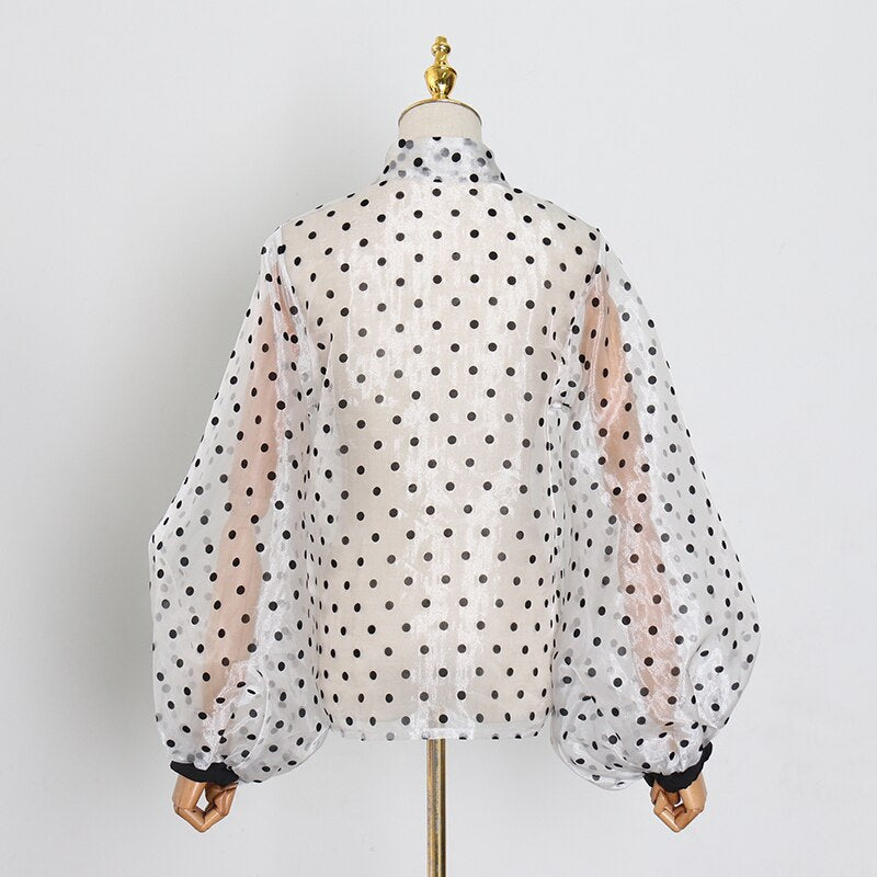 Vintage Polka Dot Long Puff Sleeve Womens Tops and Blouses