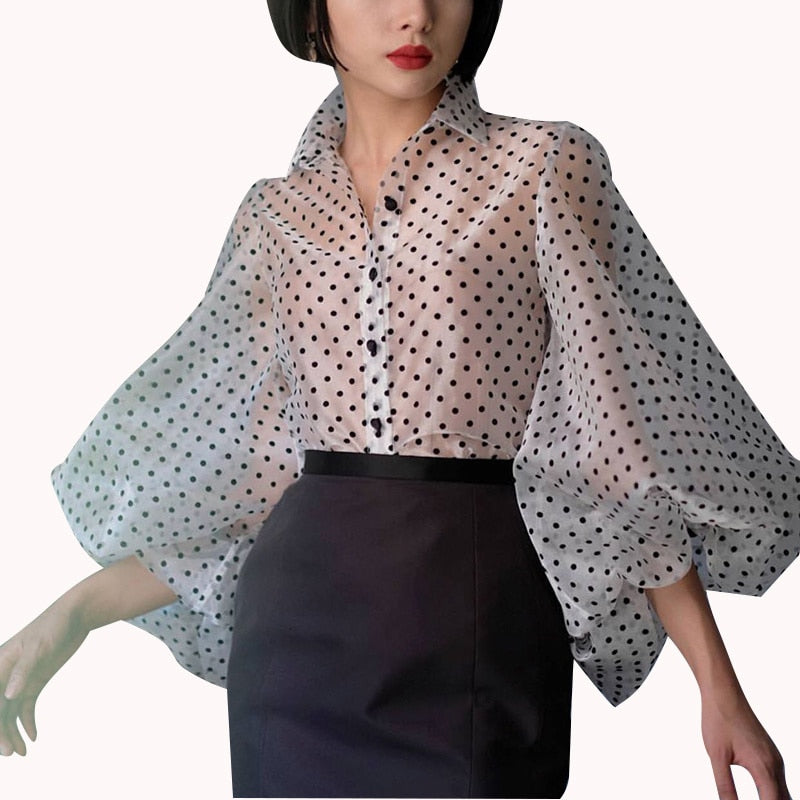 Vintage Polka Dot Long Puff Sleeve Womens Tops and Blouses