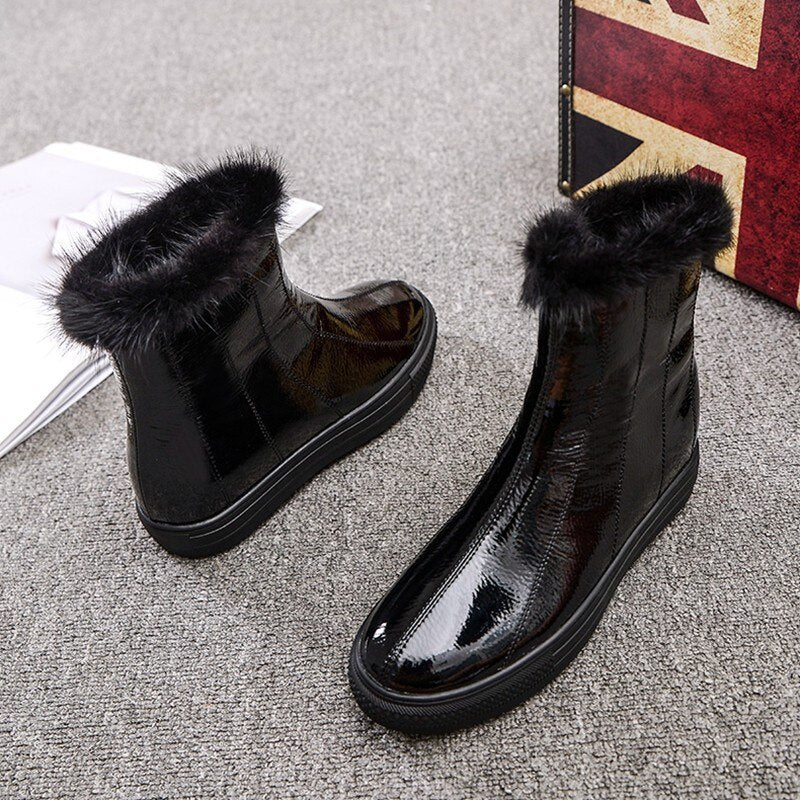 冬用レディースパテントレザーフリース裏地スノーブーツ