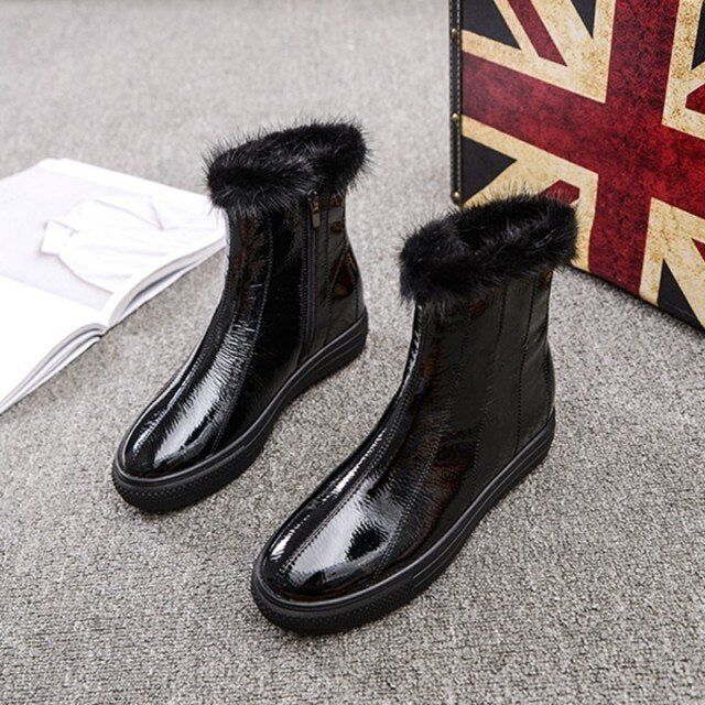 冬用レディースパテントレザーフリース裏地スノーブーツ