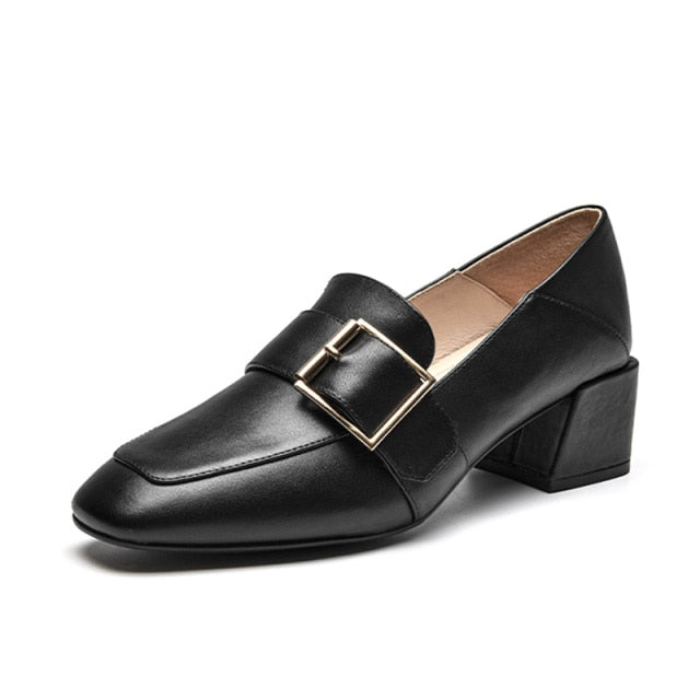Women Cow Leather Thick Heel Office Lady Shoes