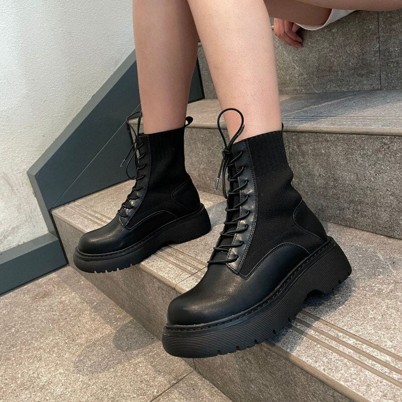Women Thick Platform Ankle Boots Patchwork Safety Shoes