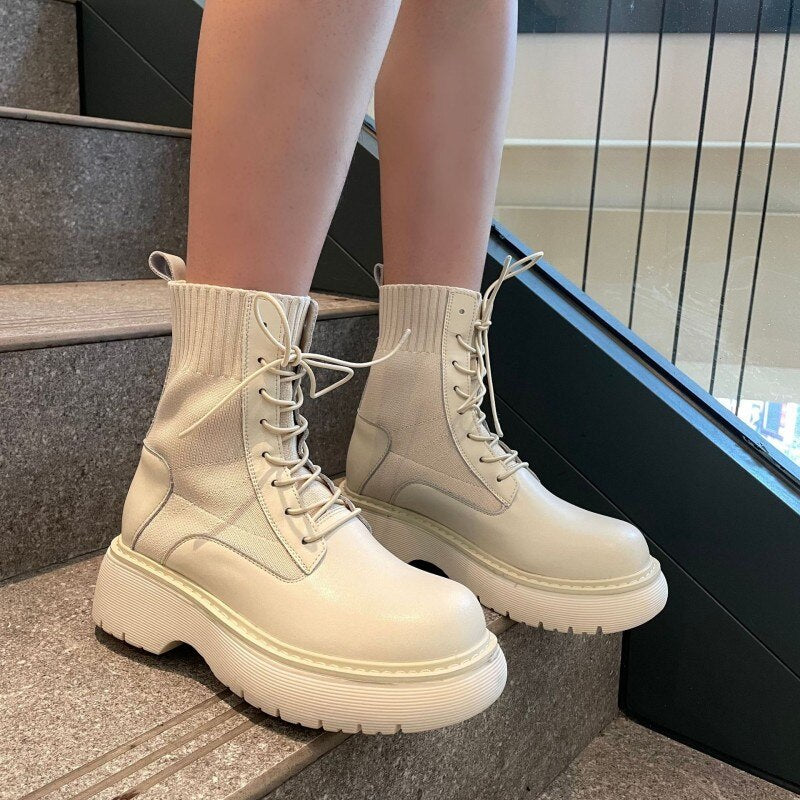 Women Thick Platform Ankle Boots Patchwork Safety Shoes