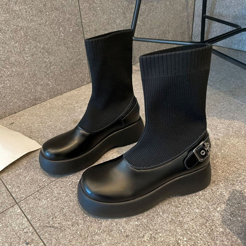 Women Vintage Thick Platform Socks Boots