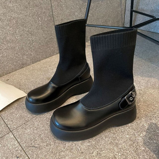Women Vintage Thick Platform Socks Boots