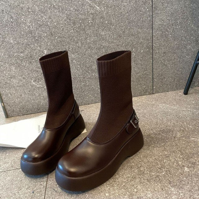 Women Vintage Thick Platform Socks Boots