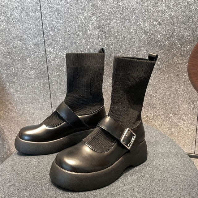 Women Vintage Thick Platform Socks Boots
