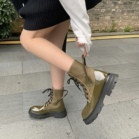 Women Lace Up Patent Leather Ankle Boots