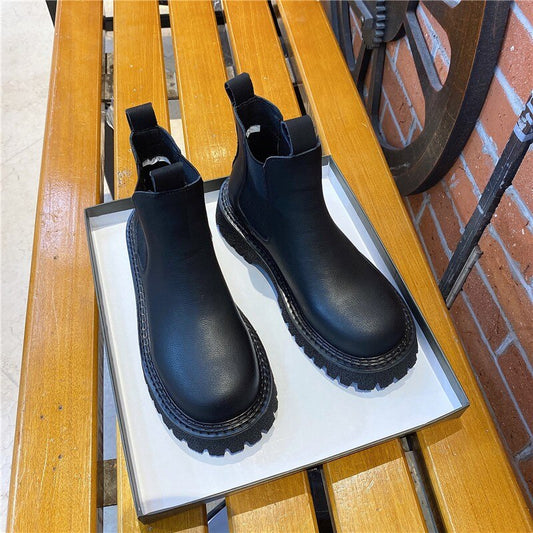 レディース ラウンドトゥ 厚底 レザー チェルシーブーツ