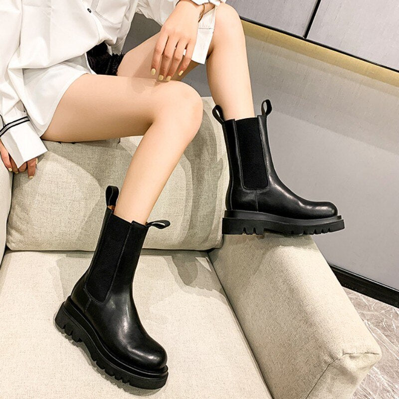 Women Thick Platform Block Heels Leather Work Safety Shoes