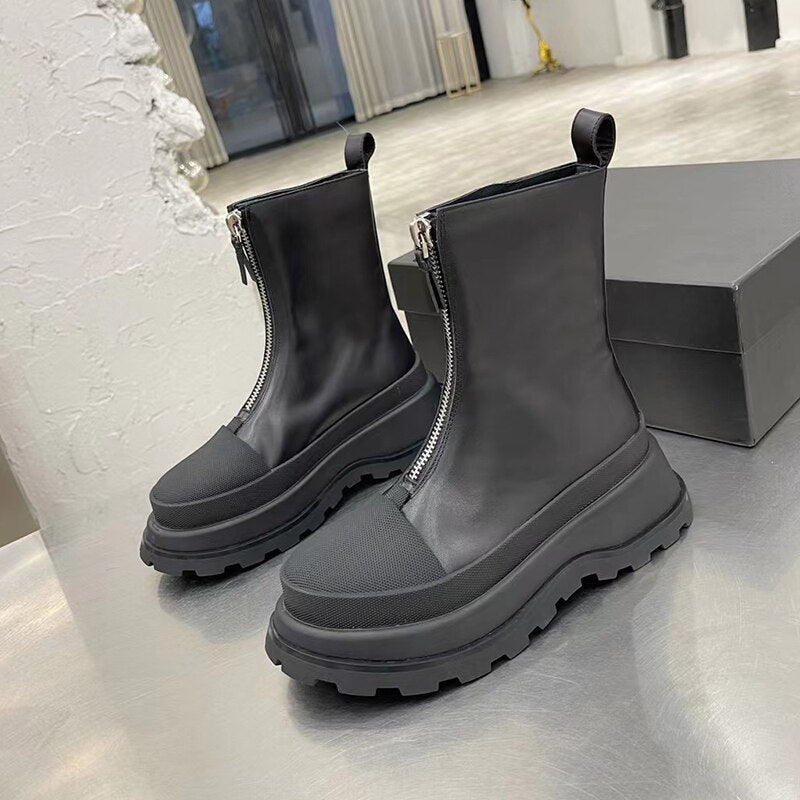 Women Genuine Leather Cowhide Platform Ankle Boots