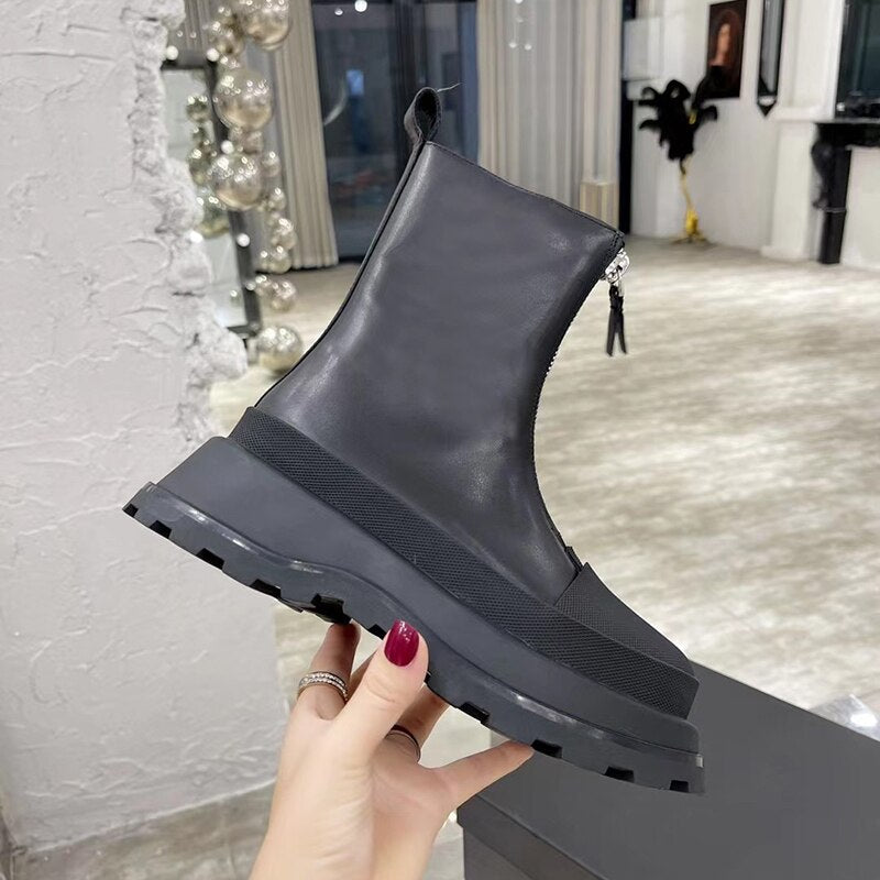 Women Genuine Leather Cowhide Platform Ankle Boots