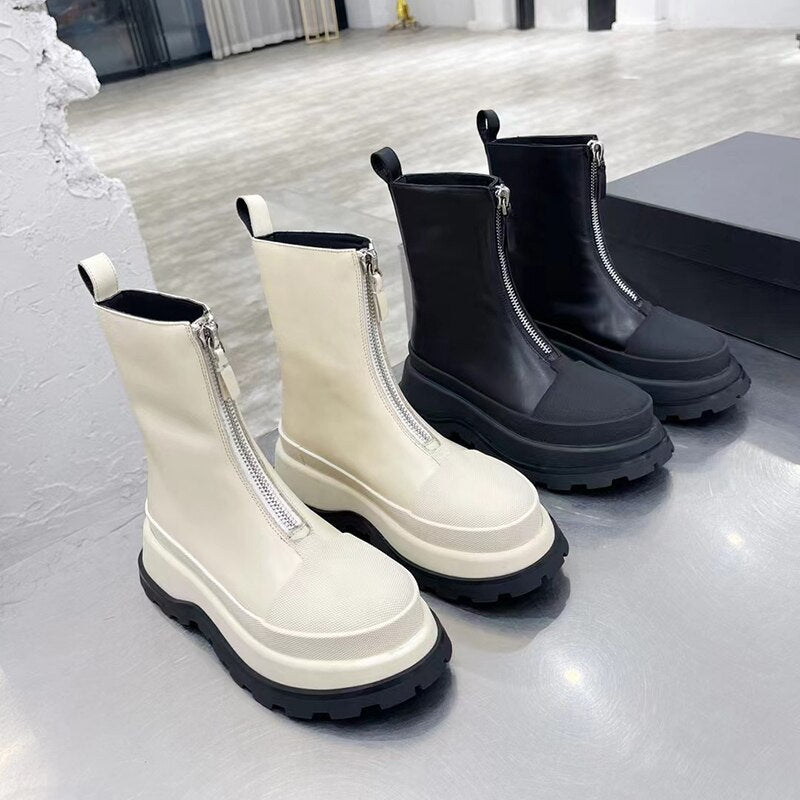 Women Genuine Leather Cowhide Platform Ankle Boots