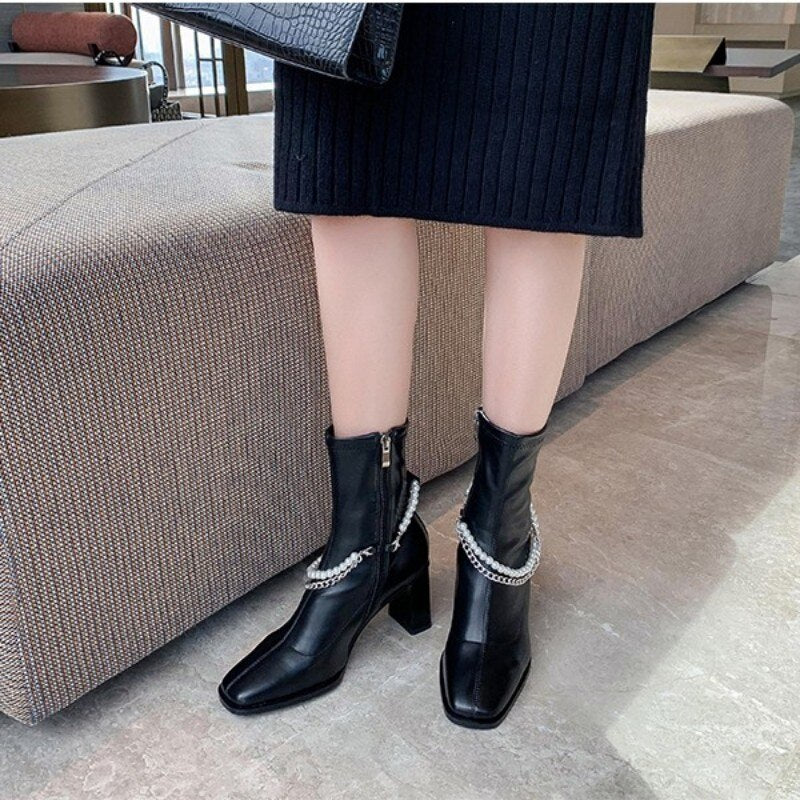 Women Elegant Square Toe High Heel Ankle Boots