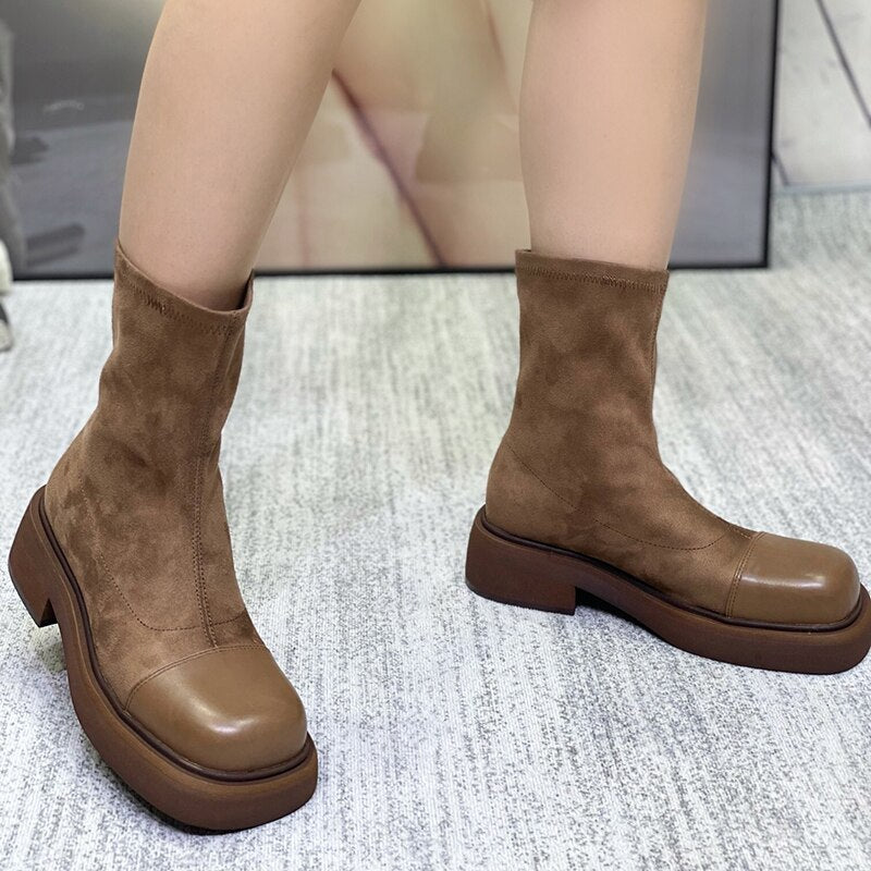 レディースブーツ ヴィンテージ ラウンドトゥ ストレッチ アウトドア ファッション