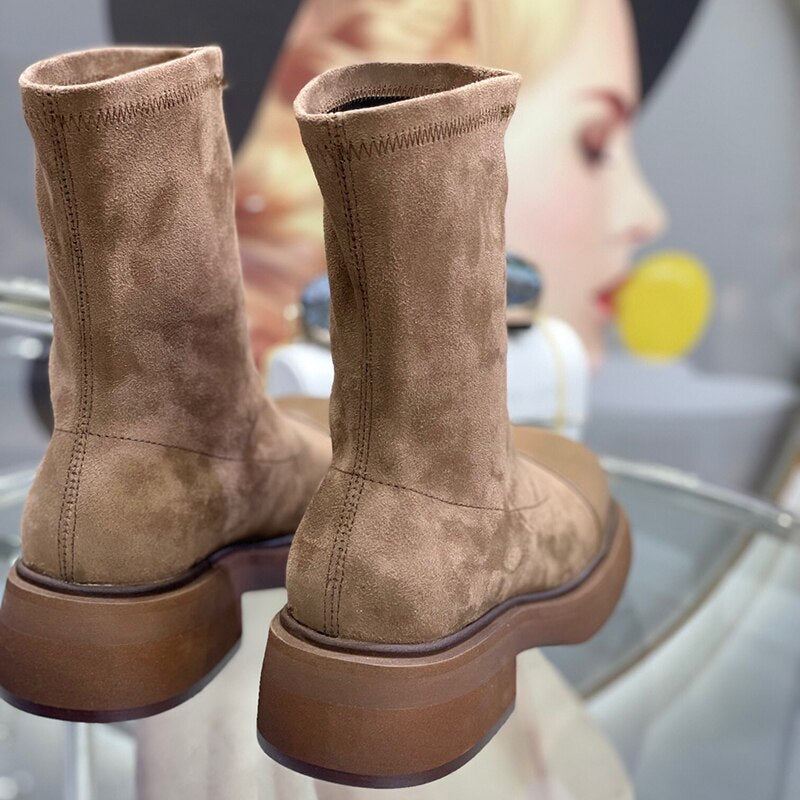 レディースブーツ ヴィンテージ ラウンドトゥ ストレッチ アウトドア ファッション