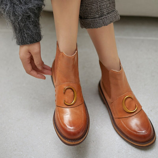 女性用イングランドスタイルモーターサイクル牛革チェルシーブーツ