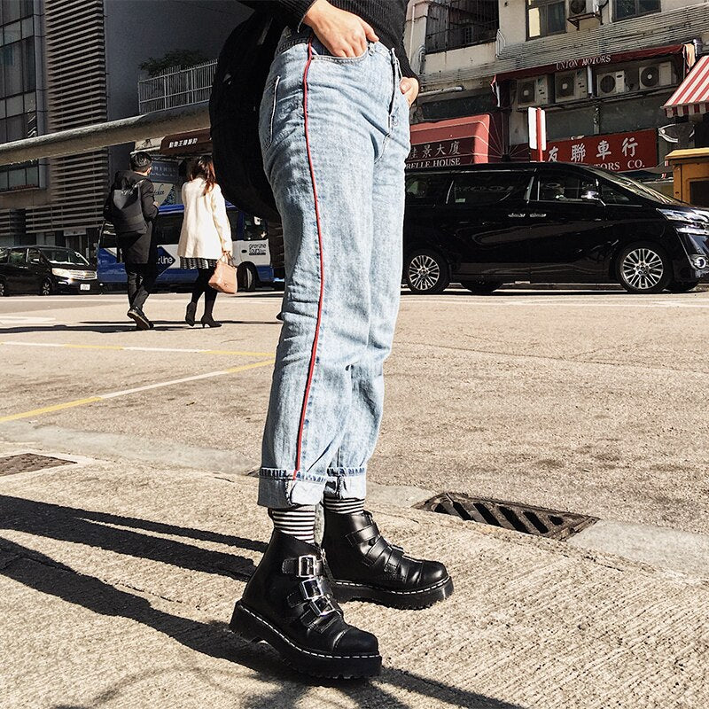Women Luxury Solid Black Punk Round Toe Med Heels Zip Ankle Boots