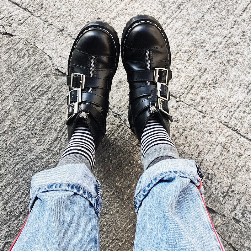 Women Luxury Solid Black Punk Round Toe Med Heels Zip Ankle Boots