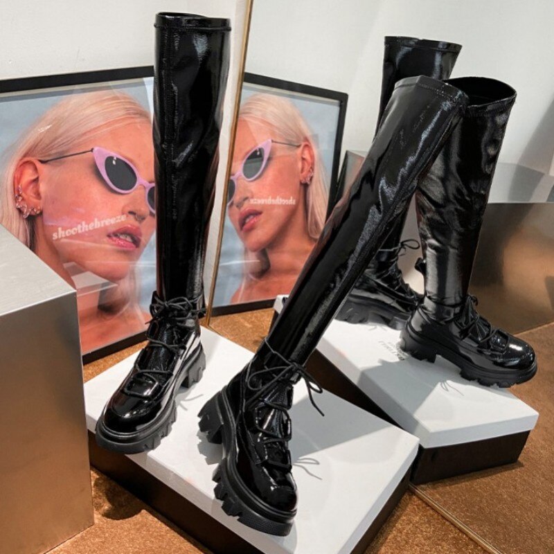 レディース パンク バイカー プラットフォーム ロングブーツ ストリート オーバーザニー