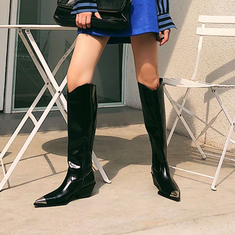 新作秋冬レディースメタルポインテッドトゥニーハイブーツ