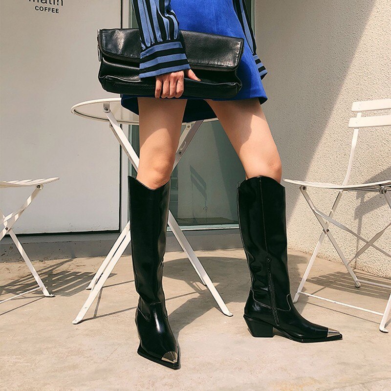 新作秋冬レディースメタルポインテッドトゥニーハイブーツ
