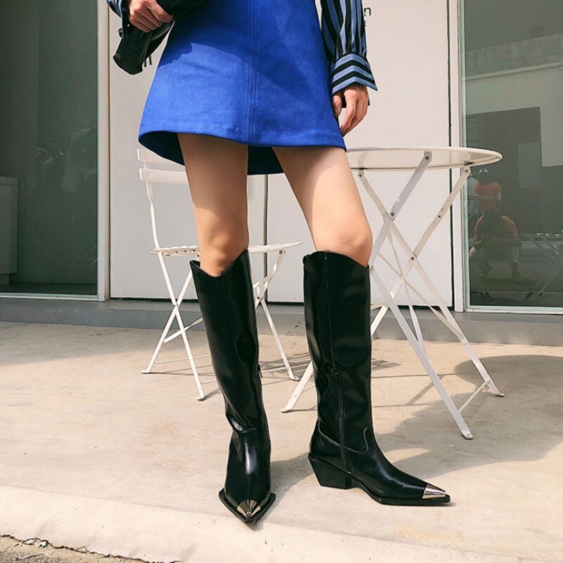 新作秋冬レディースメタルポインテッドトゥニーハイブーツ