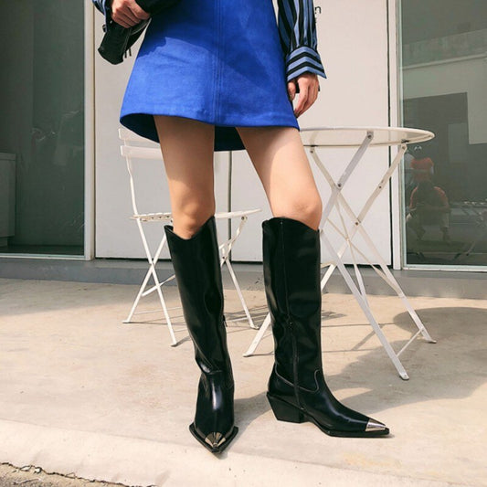 新作秋冬レディースメタルポインテッドトゥニーハイブーツ