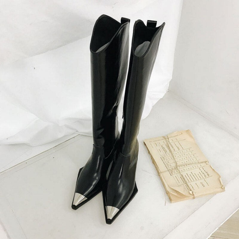 新作秋冬レディースメタルポインテッドトゥニーハイブーツ