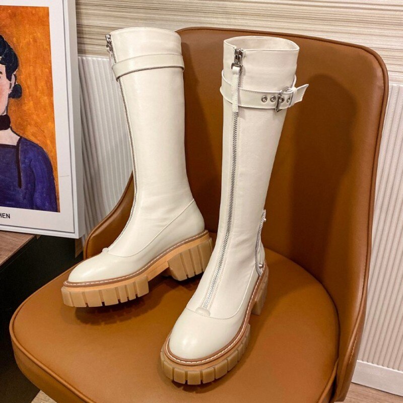 女性用身長アッププラットフォームパンクニーハイブーツ