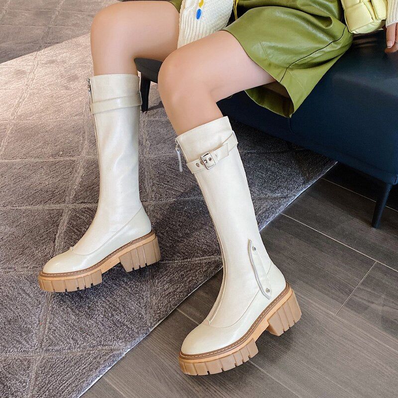 女性用身長アッププラットフォームパンクニーハイブーツ