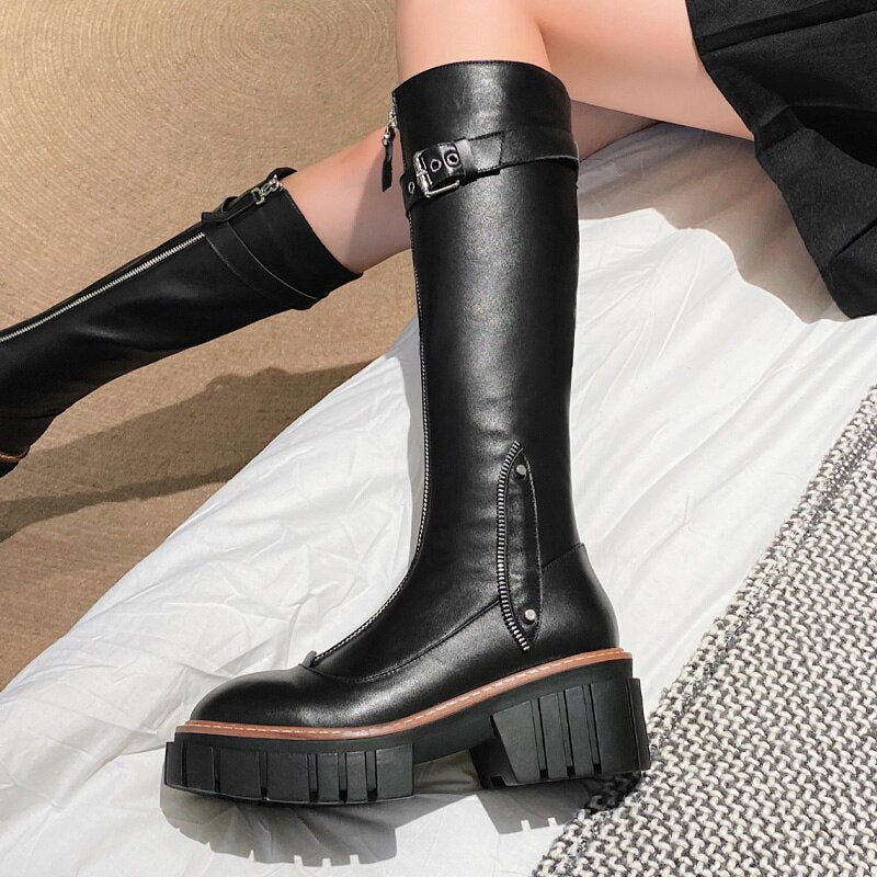 女性用身長アッププラットフォームパンクニーハイブーツ