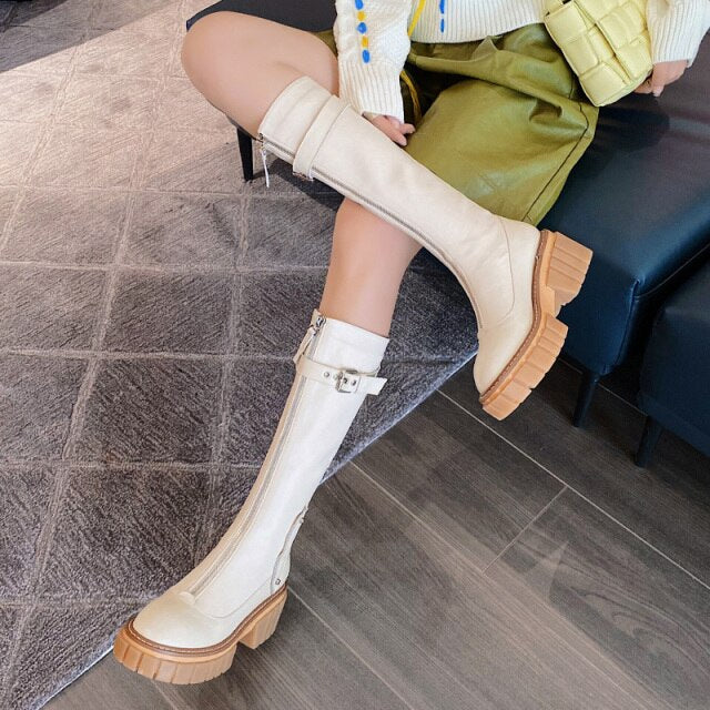 女性用身長アッププラットフォームパンクニーハイブーツ