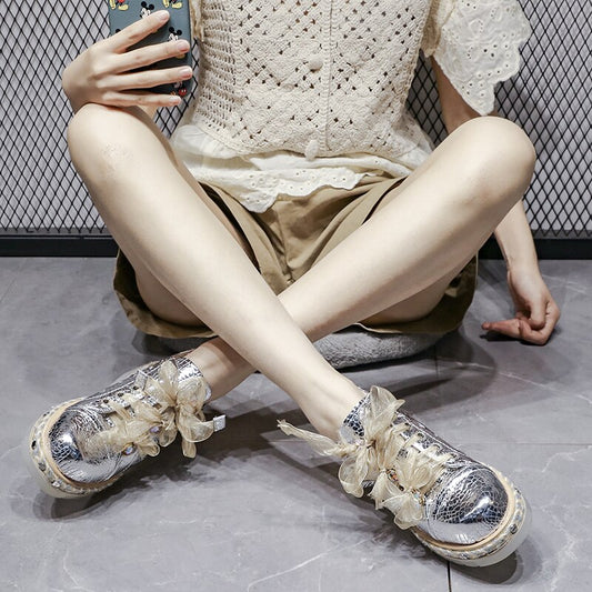 レディース レースアップ ミディアムヒール シューズ ハイストリート スウィート ウェッジ スニーカー シルバー