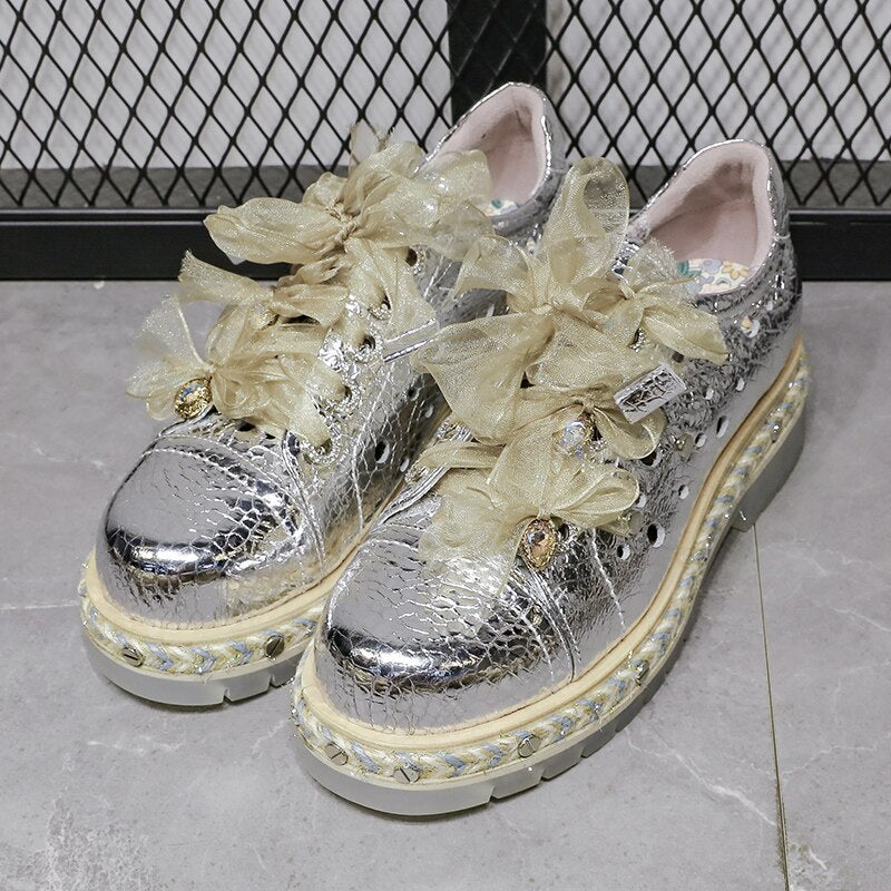 Women  Lace Up Med Heel Shoes High Street Sweet Wedges Sneakers Silver