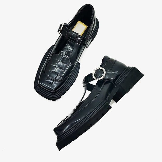 オフィスレディ スクエアトゥ T タイ ブラック メリージェーン シューズ