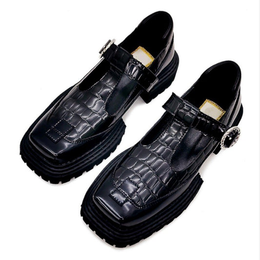 オフィスレディ スクエアトゥ T タイ ブラック メリージェーン シューズ