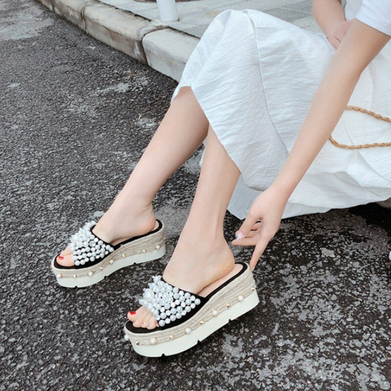 レディース 夏用 厚底 プラットフォーム ウェッジ スリッポン ビーチ スリッパ