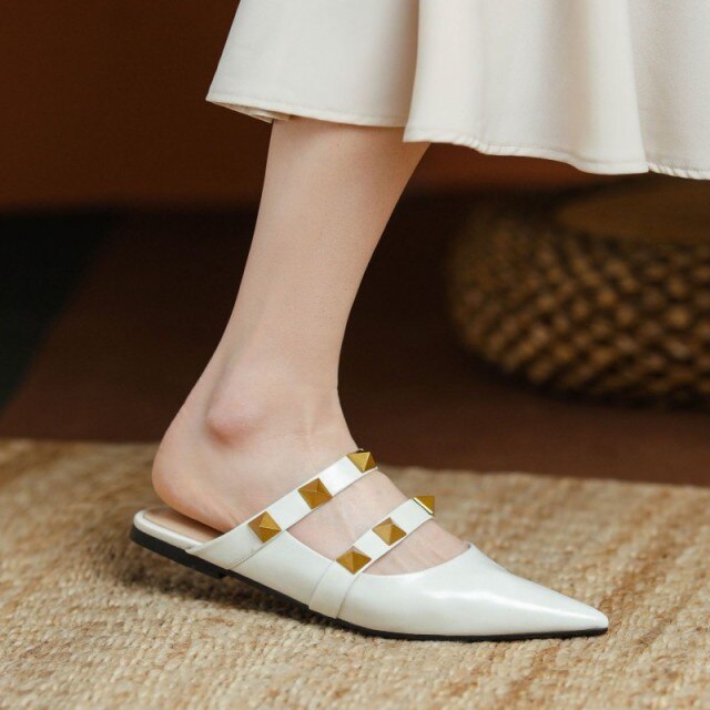 Cow Leather Shoes Women Outside Fashion Rivets Slippers Slides