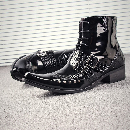 Men Pointed Rivets Punk Patent Leather Cowboy Ankle Boots
