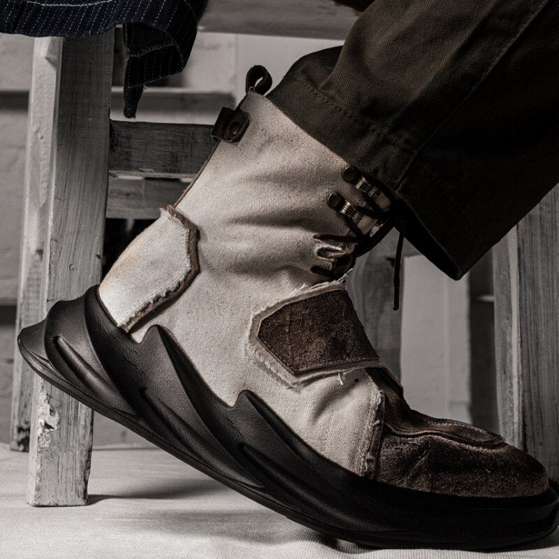 Mens Canvas Patchwork Genuine Leather Ankle Boots