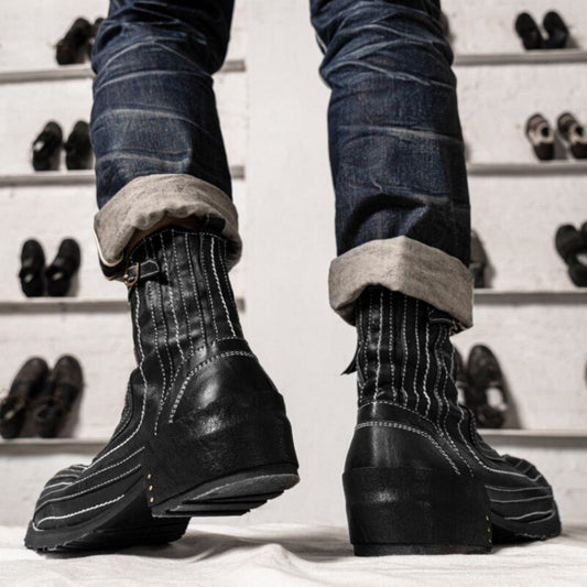 Men Vintage Black Genuine Leather Riding Boots