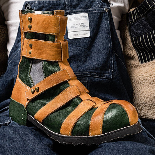 メンズ ラグジュアリー ヴィンテージ ミックスカラー ウエスタン アンクルブーツ